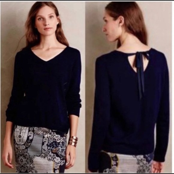 Moth for Anthropologie Keyhole Tie Back Sweater M | Navy Blue Knit Open Back GUC - Picture 1 of 7